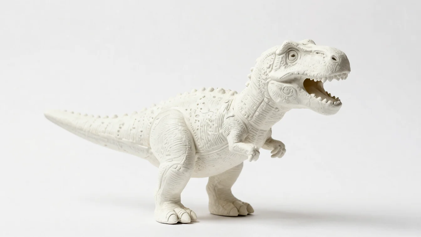 Crisp close-up of unpainted plaster dinosaur figure on a white ba