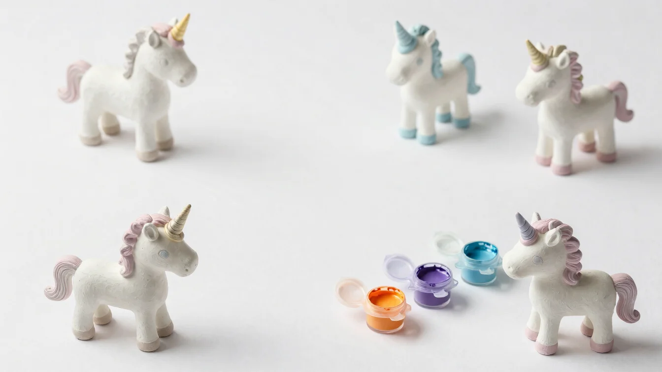 Overhead layout of unpainted plaster seaside and unicorn figures