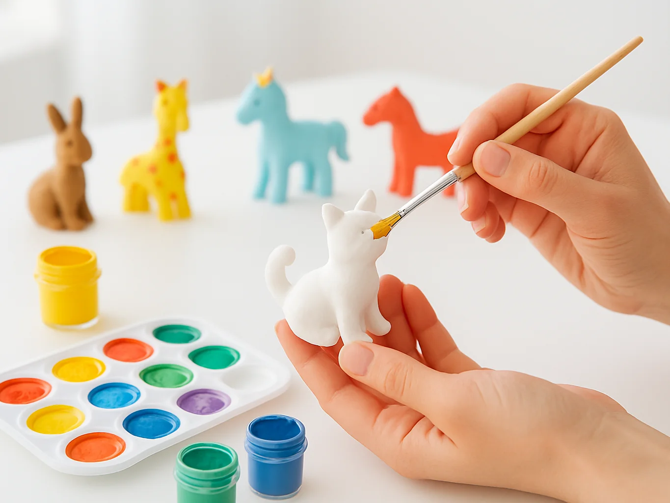 Hands painting a small unpainted plaster animal figure at a brigh