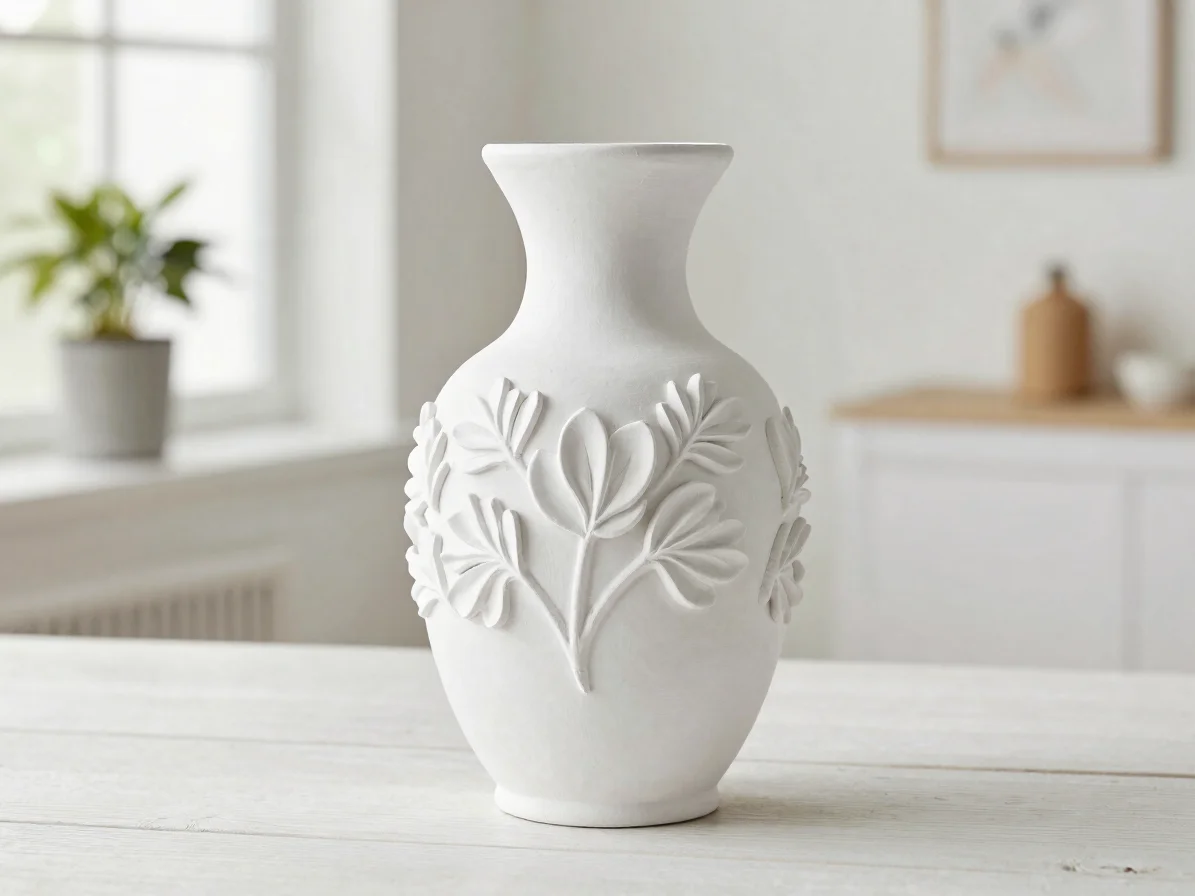 Finished decorative plaster vase and 3D ornament in a home settin