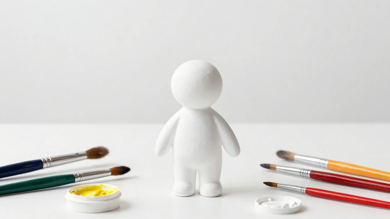 Simple plaster figure arranged with paints and brushes for a fami