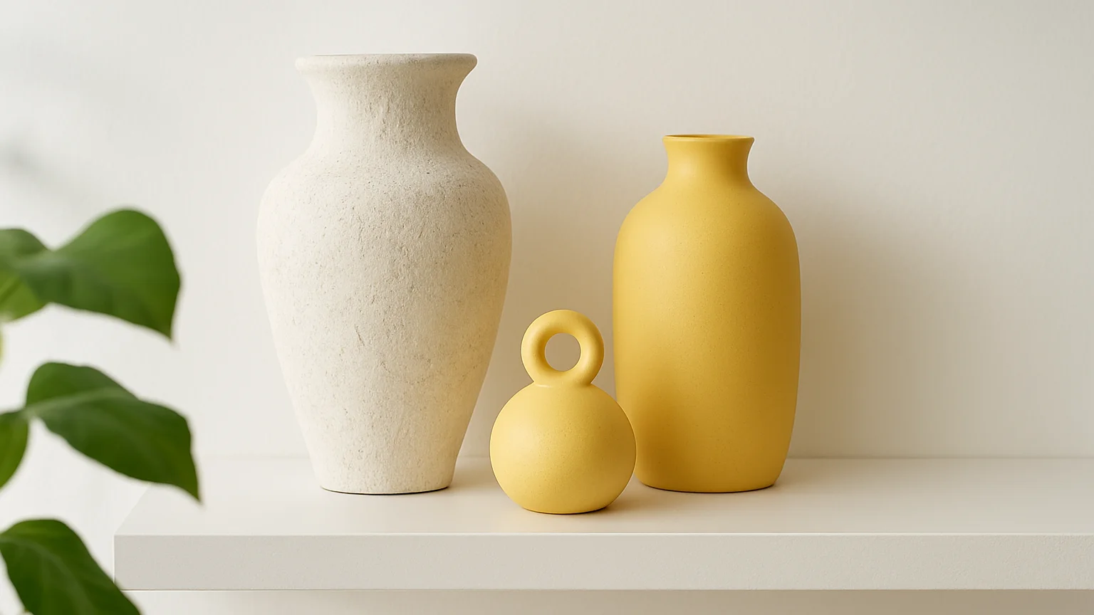 Finished decorative plaster vase and ornament grouped on a white