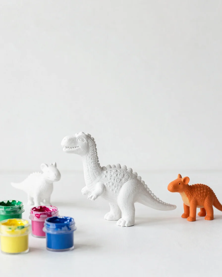 Bright editorial product photograph of unpainted plaster dinosaur